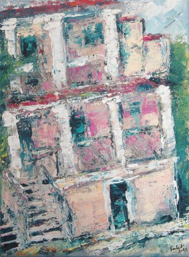 Růžová vila - Akryl na plátně 2021, 30 x 40 cm, nerámován